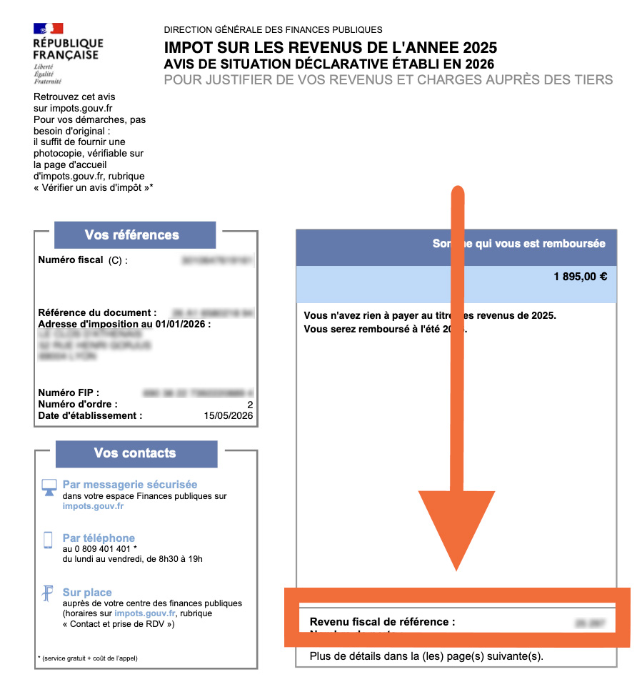 Emplacement du revenu fiscal de référence sur l'avis d'imposition