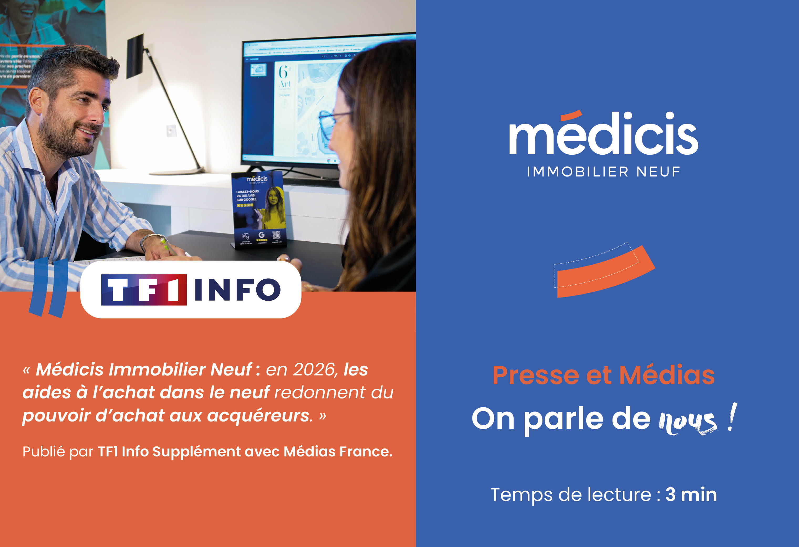 Un conseiller Médicis Immobilier Neuf s'adresse à une cliente sur cette vignette de l'article de Médicis Immobilier Neuf, sur TF1 Info